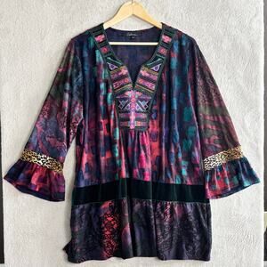 Calessa Tunic Top 1X Mixed Media Patchwork Embroidered Velvet Bell Sleeve Boho